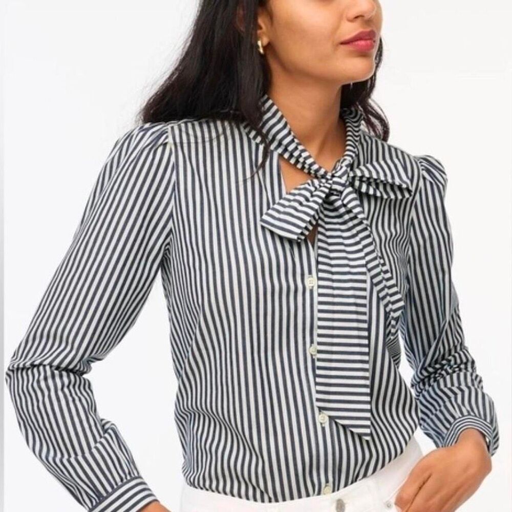 J.Crew Blue & White Striped Tie Neck Bow Button Down Blouse Size Large